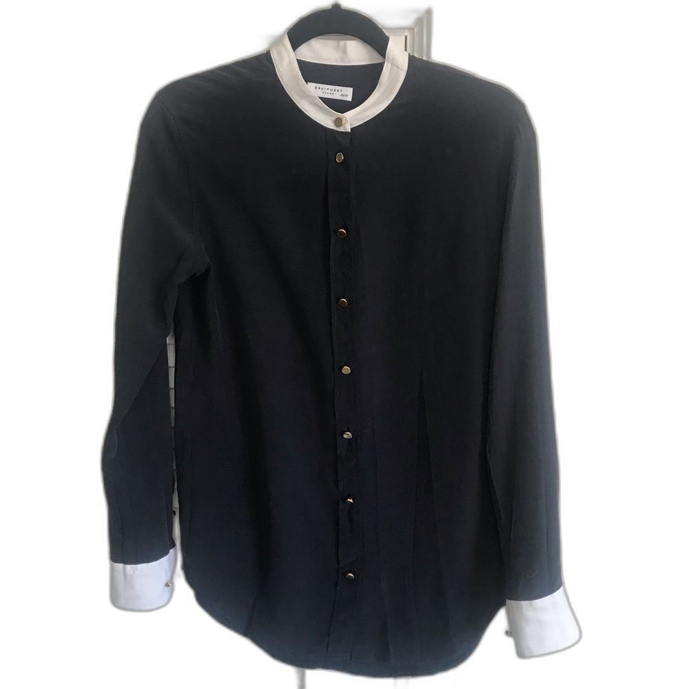 Equipment Silk Blouse Navy Blue with White Mandarin Collar Gold Buttons Size XS
